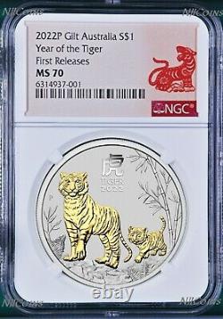 2022 Australia GILDED Silver Lunar Year of the TIGER NGC MS 70 1oz Coin FR GILT