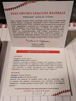 2022 Negro Leagues Baseball Proof Five Dollar Gold Coin 22CH US Mint OGP