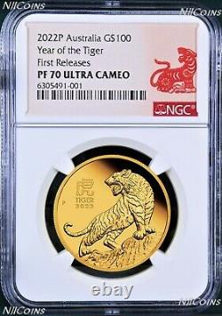 2022 P Australia PROOF GOLD $100 Lunar Year of the TIGER NGC PF70 1 oz Coin FR
