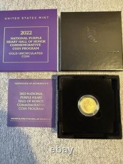 2022-W $5 National PURPLE HEART HOH Commemorative Gold Coin GEM B. U, OGP withCOA