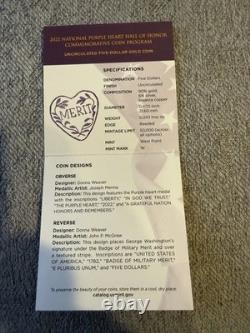 2022-W $5 National PURPLE HEART HOH Commemorative Gold Coin GEM B. U, OGP withCOA