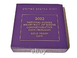 2022 W National Purple Heart Hall of Honor Gold PROOF $5 Dollar Coin OGP US Mint