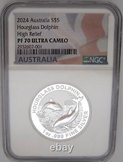 2024 AU $5 Hourglass DOLPHIN NGC SILVER PF70 ULTRA CAMEO HR + Mint Box & COA