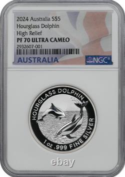 2024 AU $5 Hourglass DOLPHIN NGC SILVER PF70 ULTRA CAMEO HR + Mint Box & COA