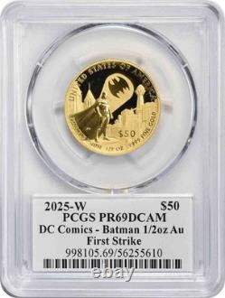 2025-W $50 DC Comics Batman 1/2 oz Au Gold Coin PR69DCAM First Strike PCGS