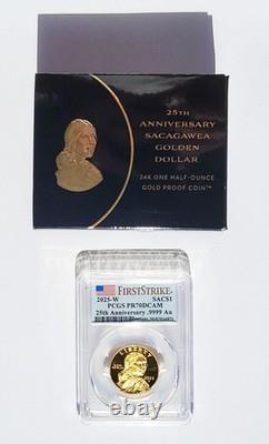 2025-W Sacagawea $1 Gold PCGS PR70DCAM First Strike 25th Anniv Box & Papers