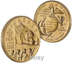 2025-W U. S. Marine Corps 250th Anniversary Uncirculated $5 Gold Coin. Pre-Sale