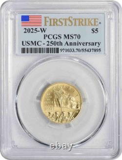 2025-W U. S. Marine Corps USMC 250th Anniversary $5 Gold MS70 FS PCGS