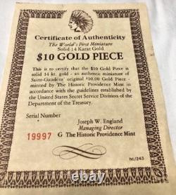 Historic Providence Mint COA First Miniature $10 Gold Piece Coin 14K Gold NM