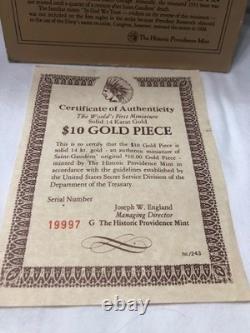 Historic Providence Mint COA First Miniature $10 Gold Piece Coin 14K Gold NM