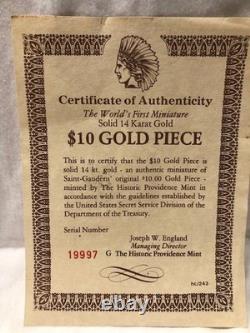 Historic Providence Mint COA First Miniature $10 Gold Piece Coin 14K Gold NM