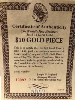 Historic Providence Mint COA First Miniature $10 Gold Piece Coin 14K Gold NM