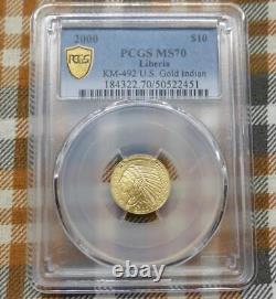 Liberia KM-492 U. S. GOLD $10 Indian, 2000 PCGS MS70 1/10oz Coin, Low Pop 8