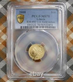 Liberia KM-492 U. S. GOLD $10 Indian, 2000 PCGS MS70 1/10oz Coin, Low Pop 8
