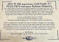 Pcgs-70 Advanced Release (b4 Fdi) Damstra 2021-w Ty2 $50 1 Oz Proof Gold Eagle