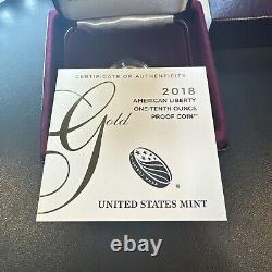 SUPERB GEM BU 2018-W American Liberty High Relief Proof 1/10 oz Gold OGP & COA