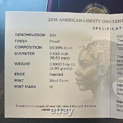 SUPERB GEM BU 2018-W American Liberty High Relief Proof 1/10 oz Gold OGP & COA