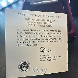 SUPERB GEM BU 2018-W American Liberty High Relief Proof 1/10 oz Gold OGP & COA