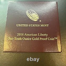 SUPERB GEM BU 2018-W American Liberty High Relief Proof 1/10 oz Gold OGP & COA