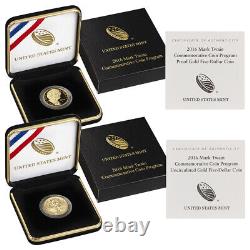 Set of 2 2016-W $5 Gold Mark Twain Commemorative Proof & Unc. With OGP