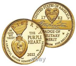 US American $5 Dollars Proof GOLD Coin, NATIONAL PURPLE HEART HONOR, 2022