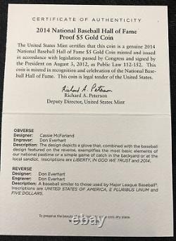 United States Mint W 2014 Baseball Hall Of Fame Commemorative Proof $5 Gold Coin