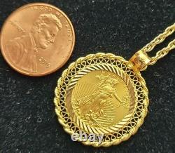 14k Solid Gold Fancy Frame Set Us $ 5 1/10 Oz 22k Gold Coin Comme Pendentif / Charm