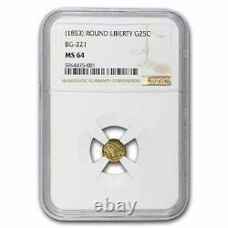 (1853) Liberty Round 25 Cent Gold Ms-64 Ngc (bg-221) Sku#248053