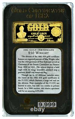 1882 500 $ Certificat D'or Lingot Médaille Commémorative D'hommage Pièce De Preuve 199,95 $