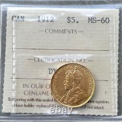 1912 Canada Pièce D'or De 5 Dollars Iccs Ms 60