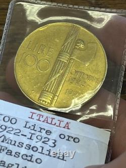 1922 1923 Italie 100 LIRE Pièce en Or MUSSOLINI Commemorative 1oz. + SUPER RARE
