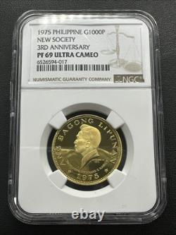 1975 Or Philippin 1000 Piso Nouvel Société Anniversaire NGC Preuve PF 69 UC Rare