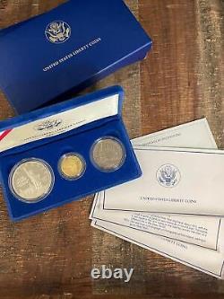 1986-S US Mint Proof Liberty Ensemble de 3 pièces Dollar en argent, pièce d'or de 5 $ et demi-dollar en métal argenté