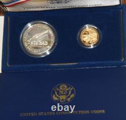 1987 Us Constitution Proof Coin Set 1 $ D'argent Et 5 $ D'or Coins Coa