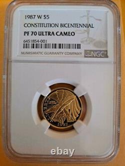 1987 Us Mint Constitution 2 Pièce De Monnaie Ensemble 5 $ D'or Et D'argent Dollar Avec Boîte Nuancée Ngc