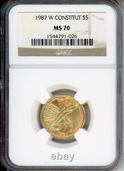 1987-W $5 OR COMMÉMORATIVE EN OR DE 1/4 Oz. CONSTITUTION NGC MS70 MAGNIFIQUE