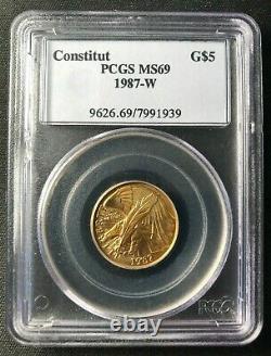 1987-w Gold Coin 1/4 Oz 5 $ Constitution Bicentenaire Commémoratif Ms69