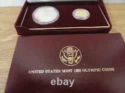 1988 Olympic 2 Pièce De Preuve Ensemble 5 $ D'or Demi-aigle Et Argent Dollar Avec Boîte