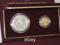 1988 Us Mint Olympic 2 Coin Proof Set $5 Dollar D'or Et D'argent Avec Coa &box