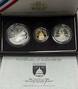 1989 Congrès Bicenténiel 3 Coin Proof Commemorative Set Avec Mint Cas Coa Gold