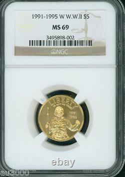 1991-1995 - Pièce commémorative en or de 5 $ sur la Seconde Guerre mondiale WW2 NGC MS69 MS-69