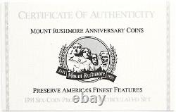 1991 Ensemble de 6 pièces commémoratives de la preuve et non circulées du Mont Rushmore avec COA
