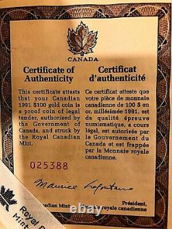 1991 Or Canadien 100 $ Proof Coin Mib With Coa