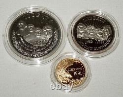 1991 Pièces D'anniversaire Du Mont Rushmore Des États-unis 5 $ D'or 1 $ D'argent Plaqué Moitié $ Boîte (kil)