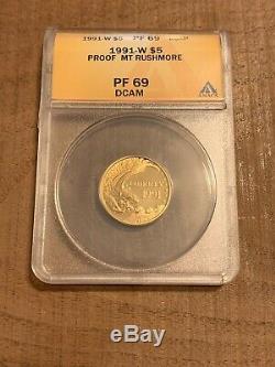 1991 Rushmore Preuve Commémorative D'or Us $ 5 Coin Anacs Pf69 Profonde Cameo-1/4 Oz