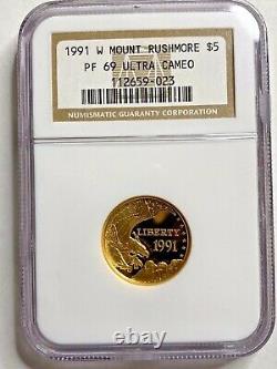 1991-w Mount Rushmore 5 $ Pièce D'or, Ngc Proof 69, Ultra Cameo