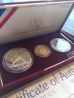 1992 American Mint Olympic Commémorative 3 Pièces D'argent Et De Preuve D'or Émises Comme Dhg