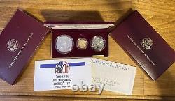 1992 Us Olympic Commémorative 3 Pièces D'argent Et D'or Jeu De Preuve Avec Boîte Coa & Ty Msg