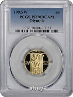 1992-W Olympique 5 $ Pièce en Or Proof Commémorative PR70DCAM Deep Cameo PCGS