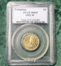 1992 W Pcgs Ms 69 Columbus $5 Gold Commemorative Coin, Gem Ms69 Gold $5 Coin